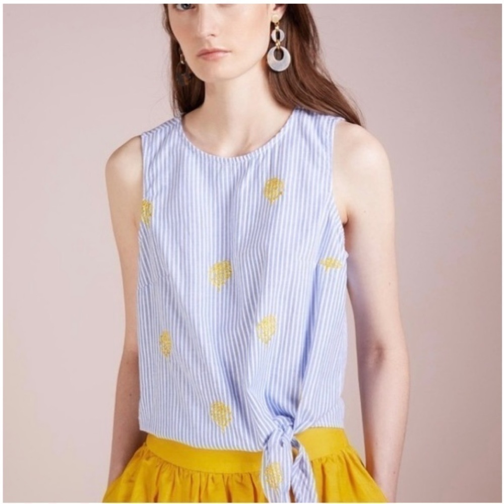J.Crew Sz 2 Embroidered Pineapple Striped Knot Tank Blue white preppy top